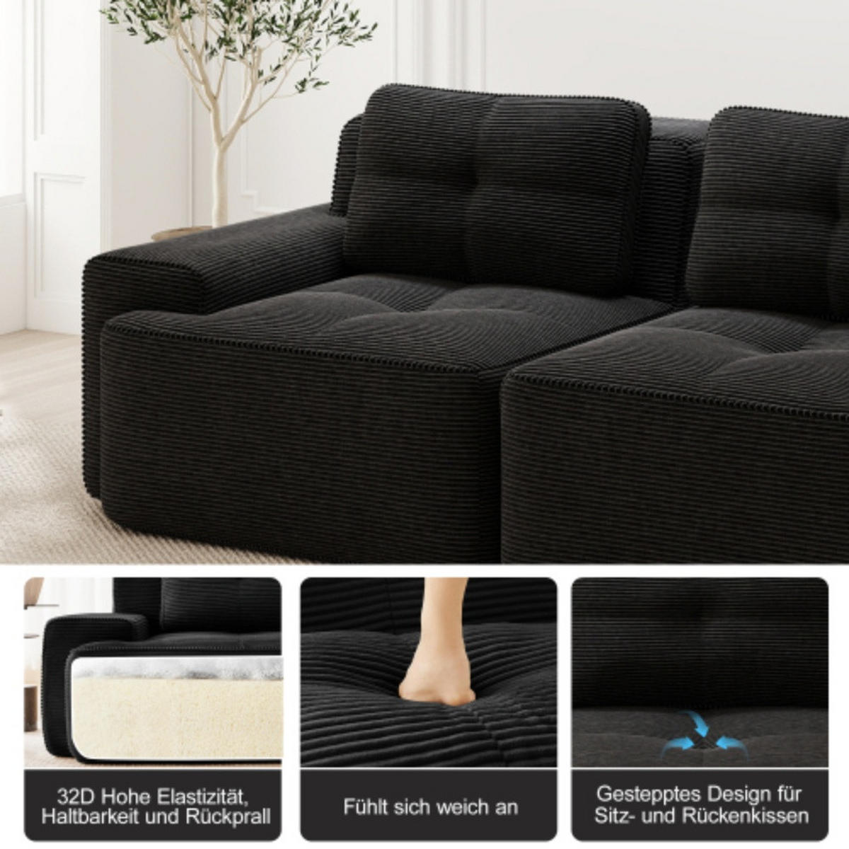 MODULÁRNA pohovka čierna z menčestru s hlbokým sedom 74 cm bez montáže - čierna, textil (104/204cm) - OKWISH