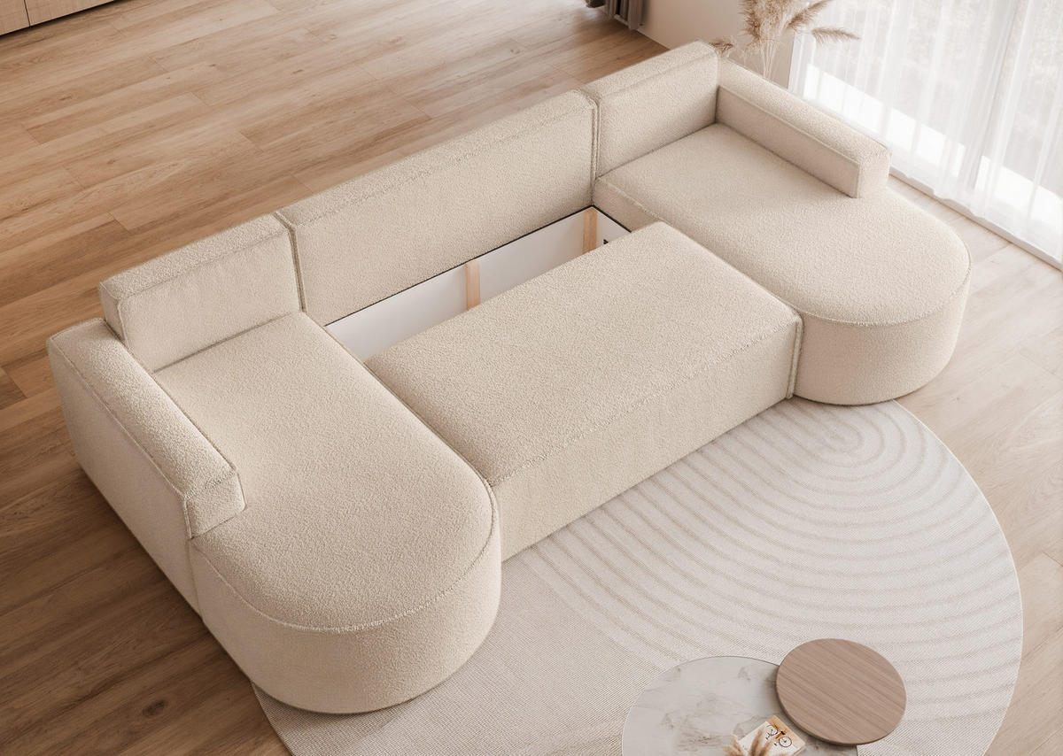 WOHNLANDSCHAFT U-Form mit Schlaffunktion, Beige - Sandfarben, Textil (316/88/157cm) - Idohome