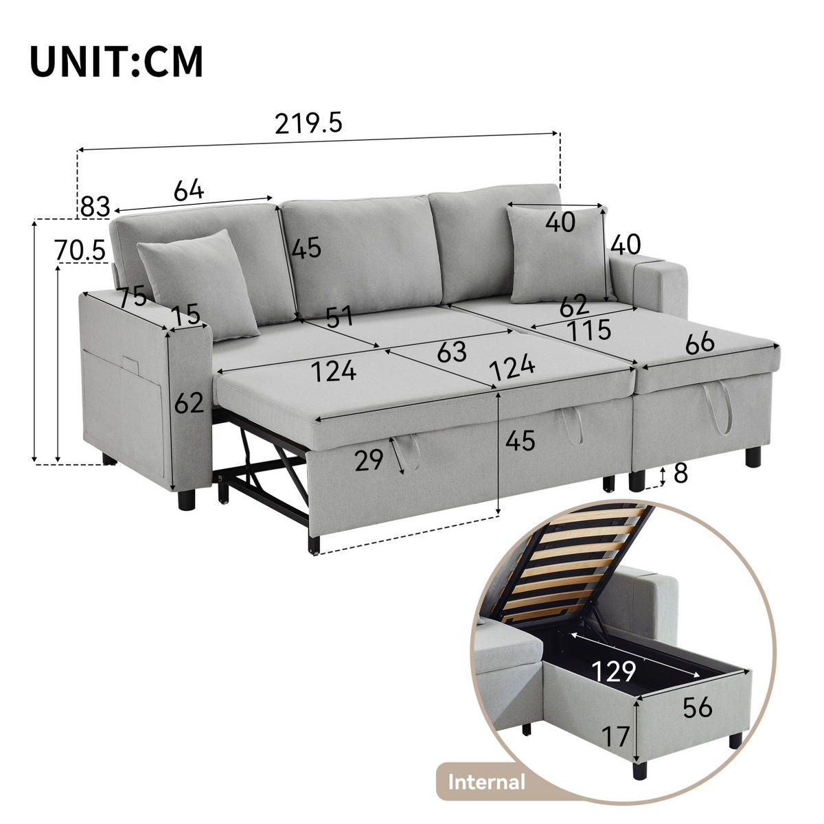 ECKSOFA L-Form mit Chaiselongue & Stauraum grau Leinen 219,5/142,5/83 cm - Grau, Textil (219.5/142.5cm) - OKWISH