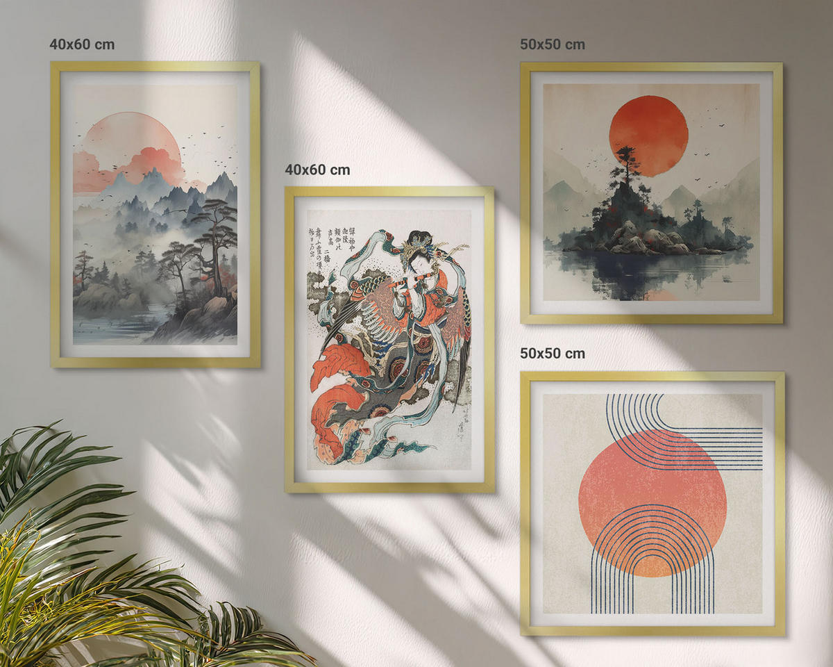 WANDBILDER 4er Set - 50x50 cm & 40x60 cm Goldrahmen - Asiatische Landschaften Japandi - Goldfarben, Kunststoff (50/50cm) - ArtPrintCave