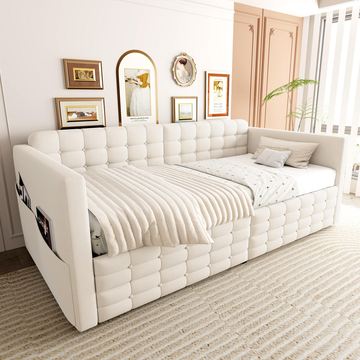 POLSTERBETT 90x190cm Schlafsofa Samt Stauraum Schubladen Beige - Beige, Textil (90/190cm) - FLIEKS