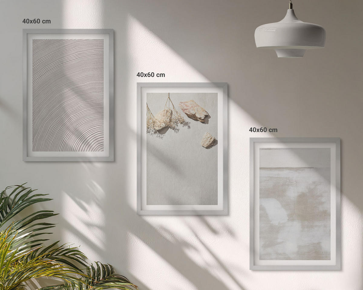 WANDBILDER 3er Set - 40x60 cm Silberner Rahmen - Boho-Textur aus Sandsteinen - Silberfarben, Kunststoff (40/60cm) - ArtPrintCave