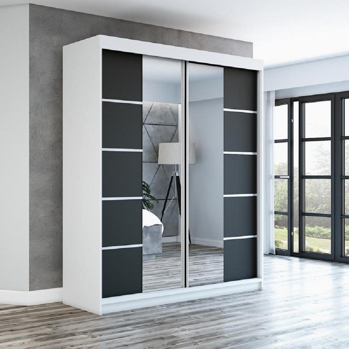 SCHWEBETÜRENSCHRANK 180 cm KOMFORT Farbe:Weiß,schwarz - Schwarz/Weiß, Holzwerkstoff (180/215/59.5cm) - A&J MöbelLand