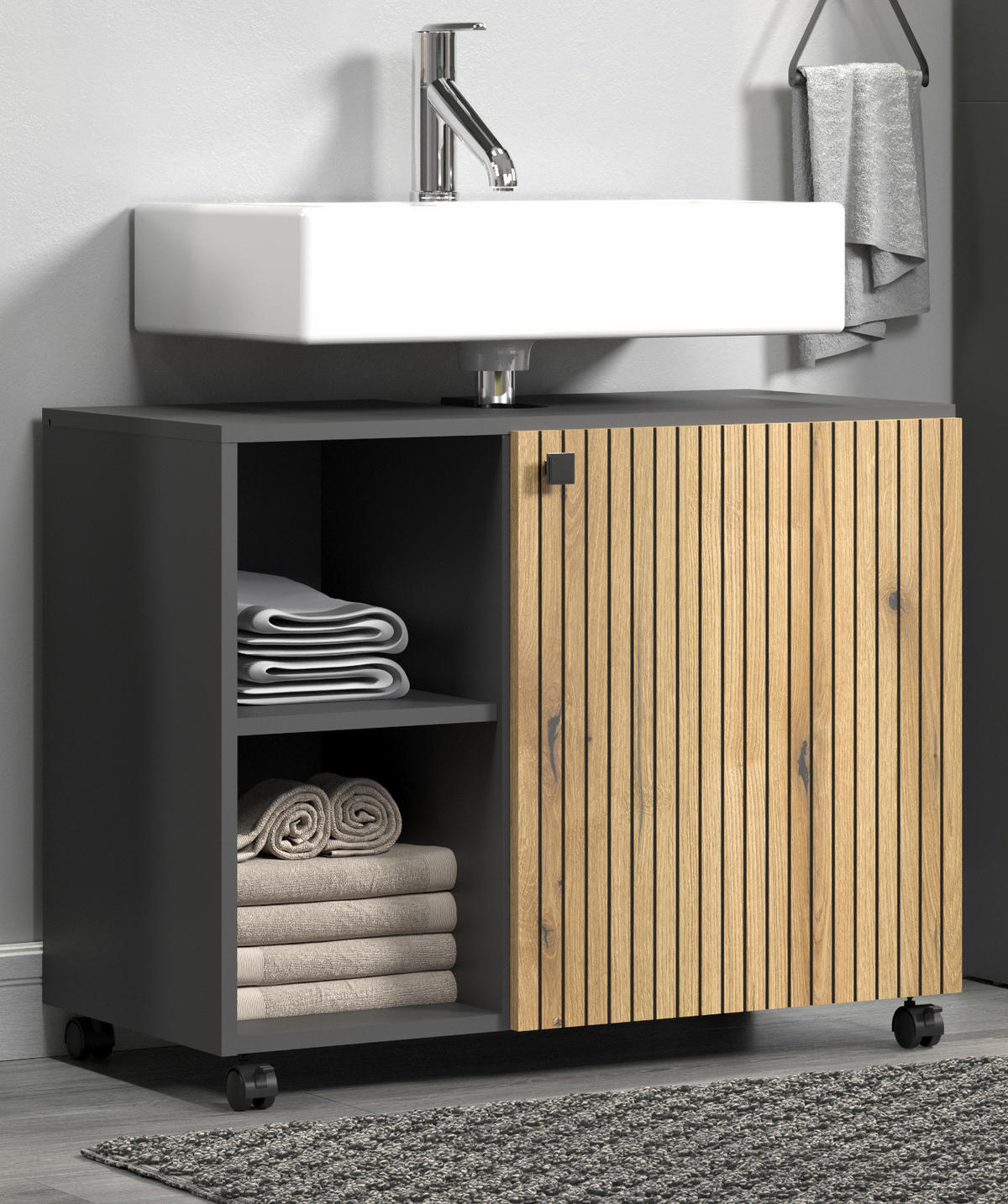 WASCHBECKENUNTERSCHRANK Evoke Eiche, grau 80 cm, Badschrank auf Rollen - Eichefarben/Anthrazit, Holzwerkstoff/Metall (80/64/42cm) - Top.Furn