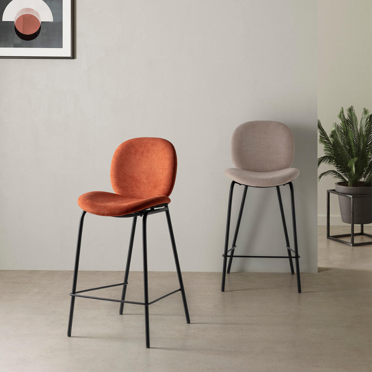 BARHOCKER (Set aus 2) aus Stoff mit schwarzen Metallbeinen - cori 43/54/66 cm - Rot, Textil (54/66/43cm) - Calicosy