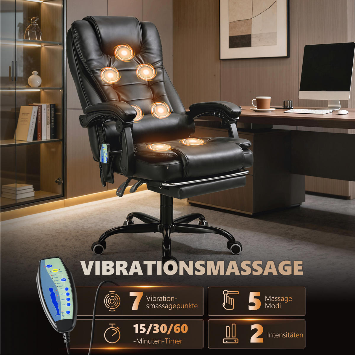 CHEFSESSEL DE-05259 mit 7 Massagepunkte, Fußstütze & höhenverstellbar - Schwarz, Metall (79/121/67cm) - ComfortXL