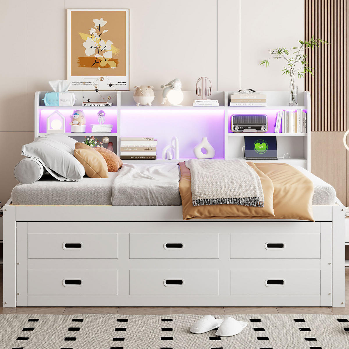 TAGESBETT 140/200 cm Weiß mit LED-Fernbedienung und 3 Schubladen - Weiß, Holzwerkstoff (140/200cm) - OKWISH