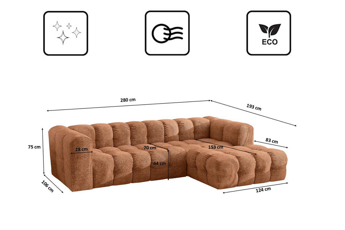 ECKSOFA L-form BALOO L, Chenille-Stoff Arena, Orange, Rechts - Orange, Holz (280/193cm) - Kaiser Möbel