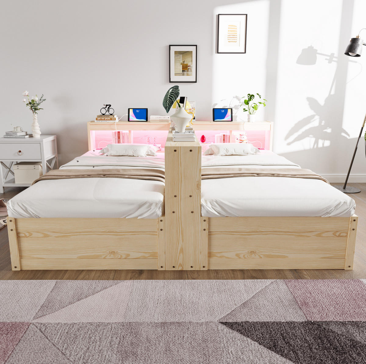 BETT 90/180/200 cm aus MDF mit LED, Naturholz - Naturfarben, Holzwerkstoff (90/200cm) - OKMYHOME