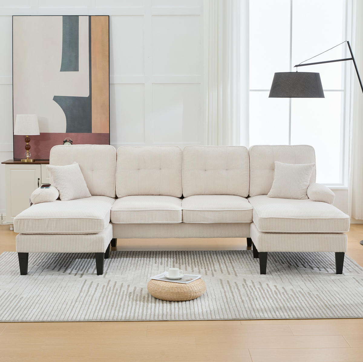 WOHNLANDSCHAFT aus Leinenstoff 250x130x88 cm in Beige mit USB - Beige, Textil (130/88/250cm) - Modfu