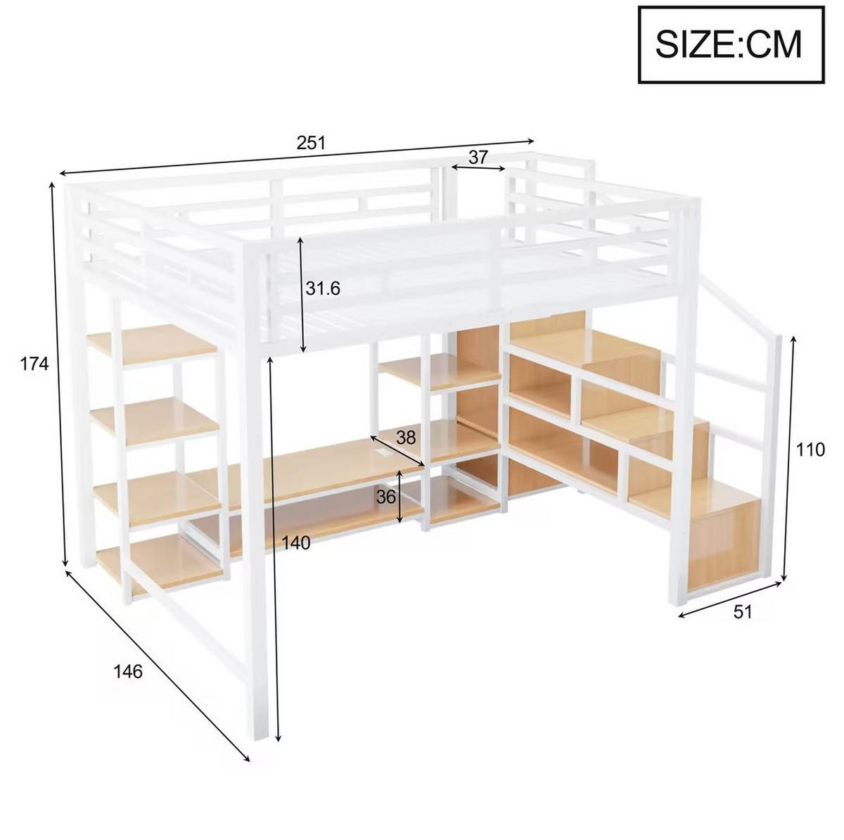 HOCHBETT 140/200 cm aus Metall und MDF mit TV-Ständer, Steckdose und Aufbewahrungsleiter Weiß - Weiß, Metall (140/200cm) - Modenvie