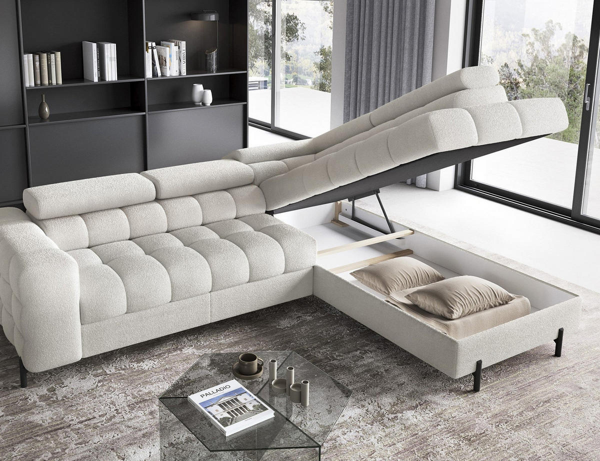 WOHNLANDSCHAFT FERUCCE Ecksofa L-Form – Polsterecke mit Schlaffunktion, Bettkasten & verstellbaren Kopfstützen 276 cm - Creme, Kunststoff (276/200cm) - Wohnideebilder