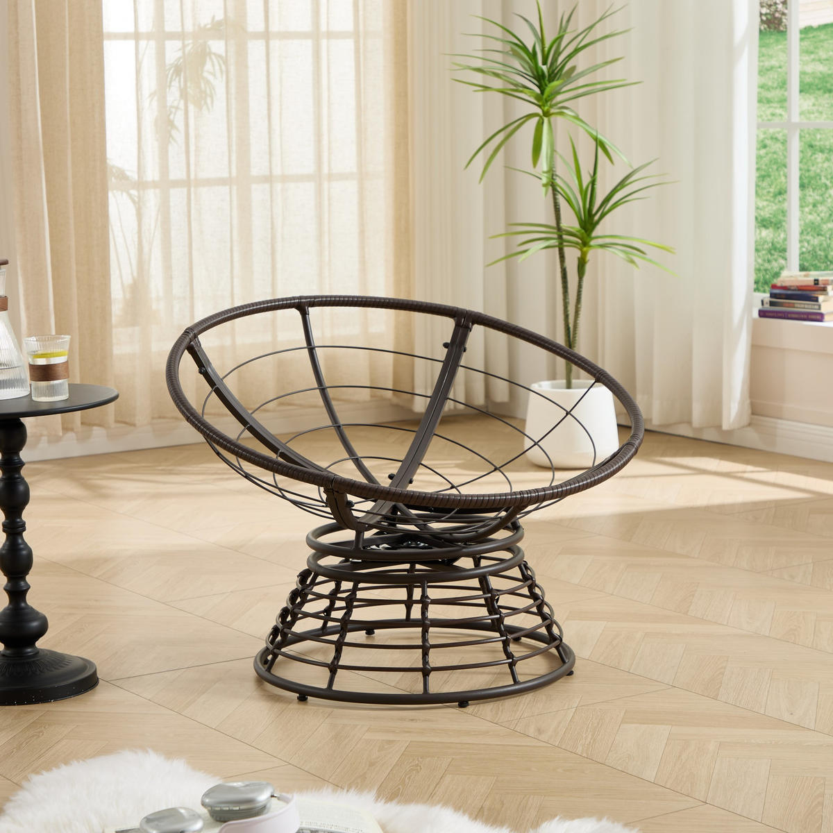 GARTEN-RELAXSESSEL Papasansessel, 360° drehbar,Rattan, Grau - Hellgrau, Metall (60/67/92cm) - LVHOM