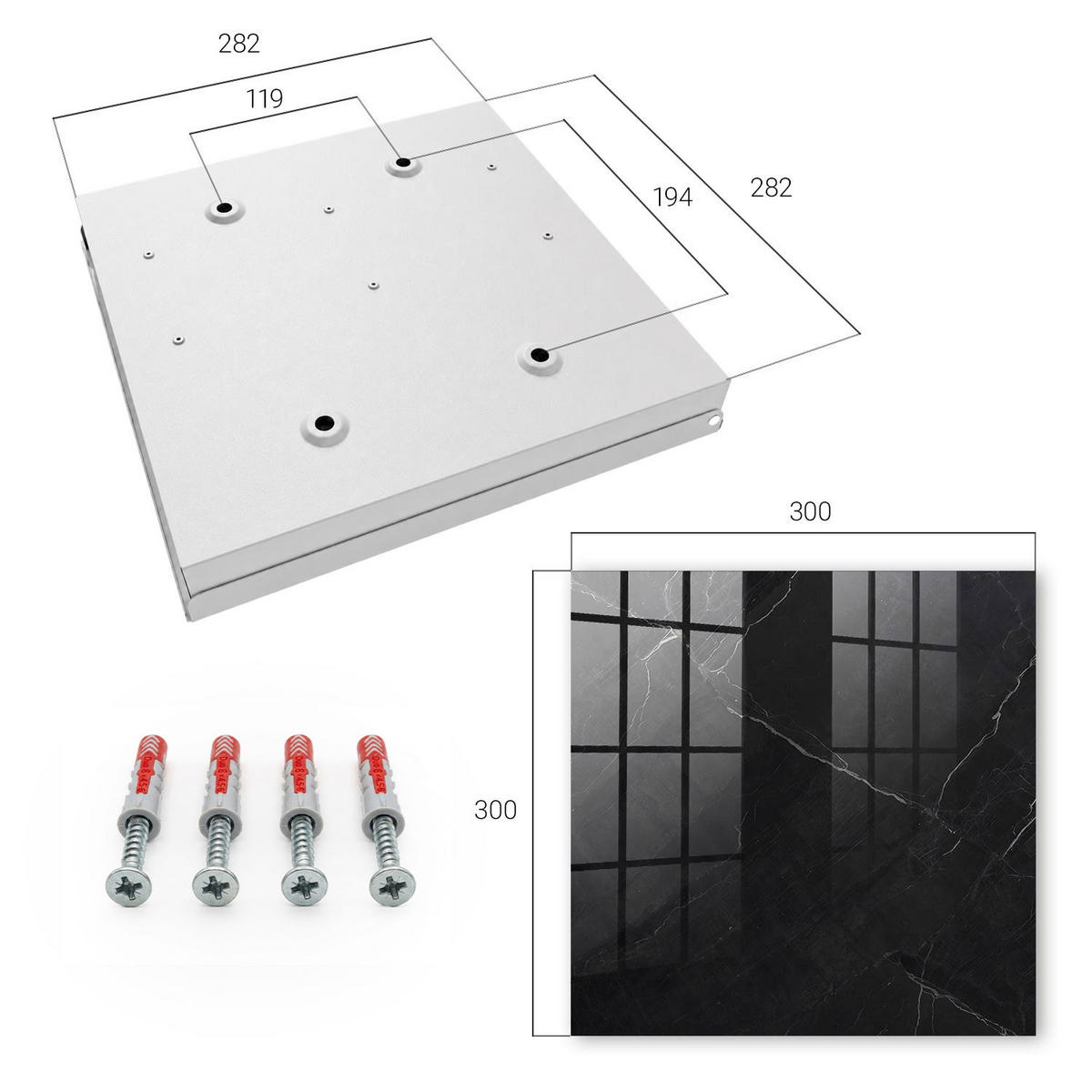 SCHLÜSSELBOX Weiß 30x30 cm – Türöffnung nach rechts - Marmor Weiß - Schwarz, Metall (30/30/5cm) - TULUP