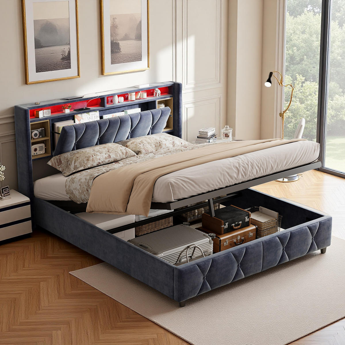 POLSTERBETT 140x200 cm LED Bettkasten USB Samt grau - Grau, Holz (140/200cm) - LEBENLANG