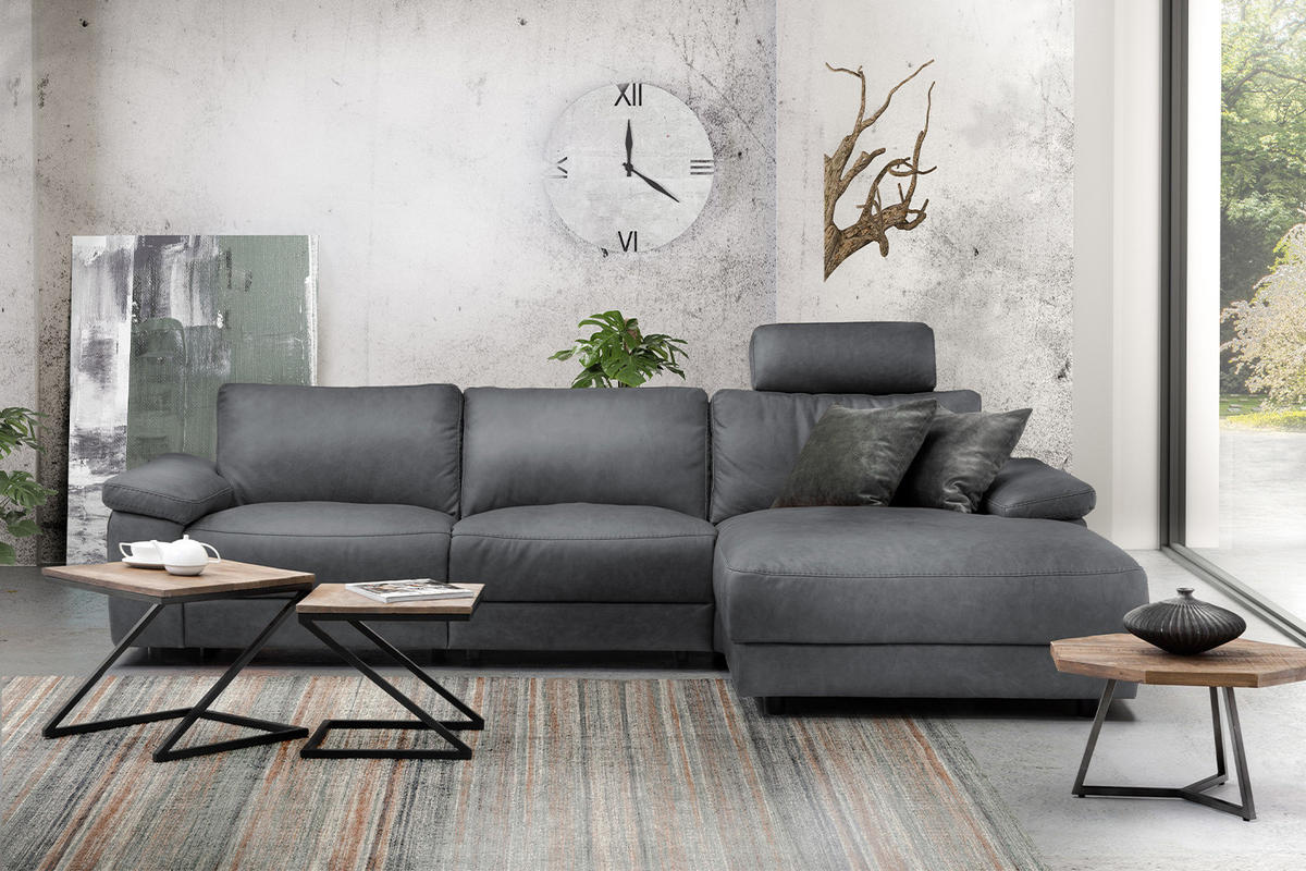 ECKSOFA XL MOTOR. RELAXFUNKTION LOLA Grau Leder - Schwarz/Grau, Leder (304/178cm) - KAWOLA