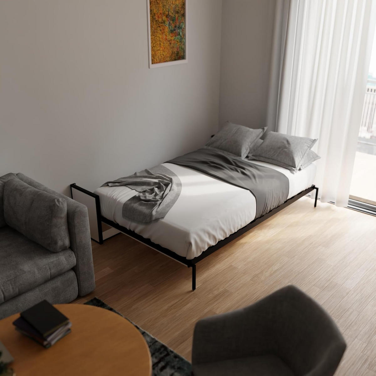 SCHRANKBETT Murphy Studio 200x120 Horizontal, mit Gasdruckfeder-Mechanismus - Brombeere/Schwarz, Metall (200/120cm) - WallBedKing