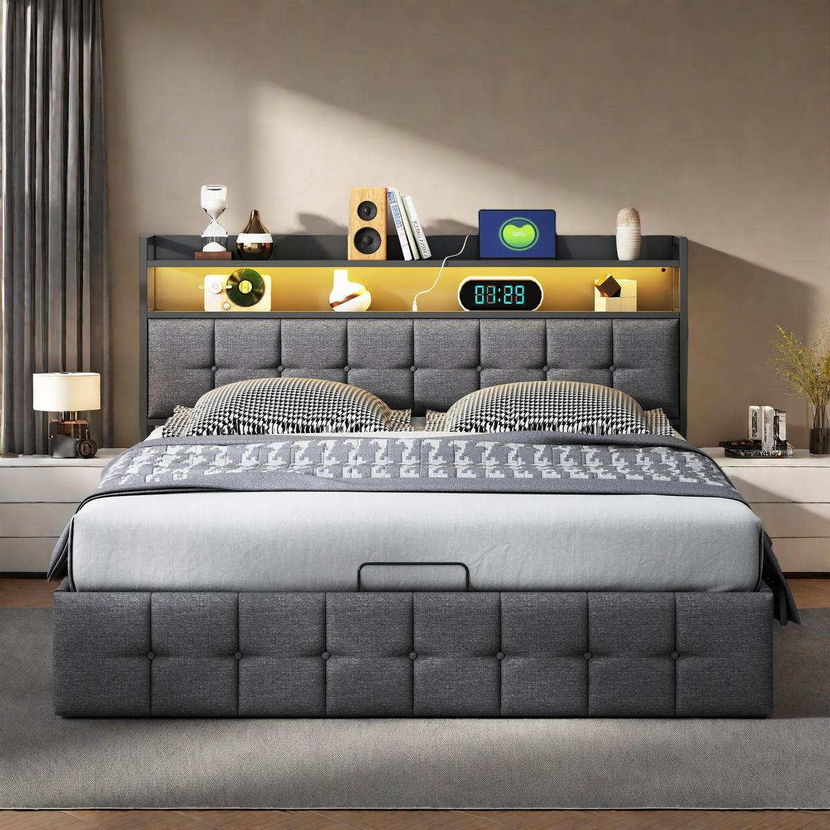 POLSTERBETT 140x200 cm Grau Leinen LED USB Typ-C - Grau, Metall (140/200cm) - SHOPENTRA