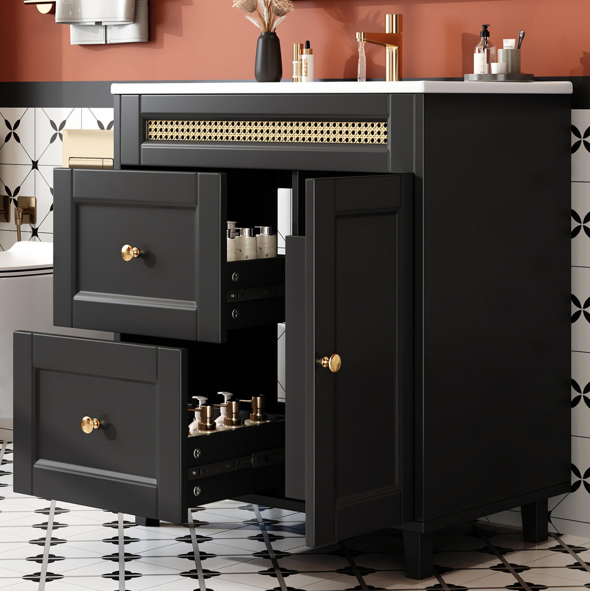 WASCHTISCHKOMBI 76/46/86,5 cm schwarz aus MDF mit Keramikbecken und Soft-Close-Türen - Schwarz, Keramik (76/86.5/46cm) - OKWISH