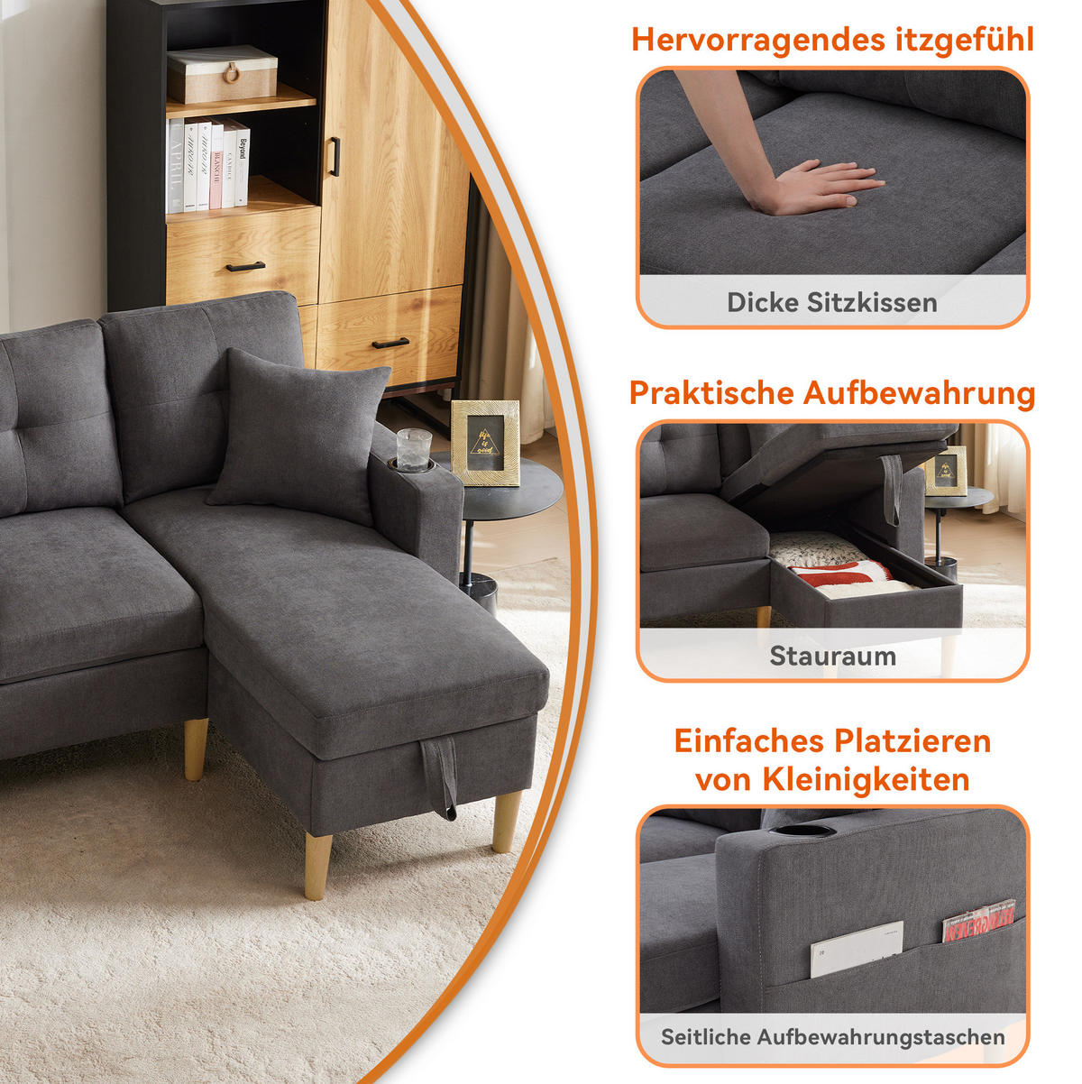 ECKSOFA Baumwoll-Leinen mit Stauraum und Getränkehaltern 175/129/90 cm Dunkelgrau inklusive 2 Kissen - Dunkelgrau, Textil (175/129cm) - Redom