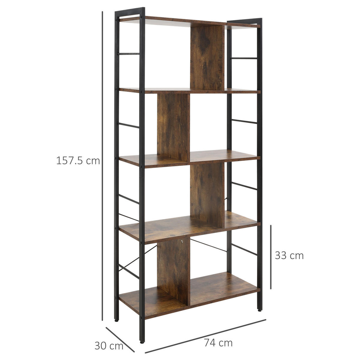 REGAL DE-15532 5-stufig mit Mittelsteg, 74/30/157 cm Braun/Schwarz - Braun, Holzwerkstoff (74/157.5/30cm) - ComfortXL