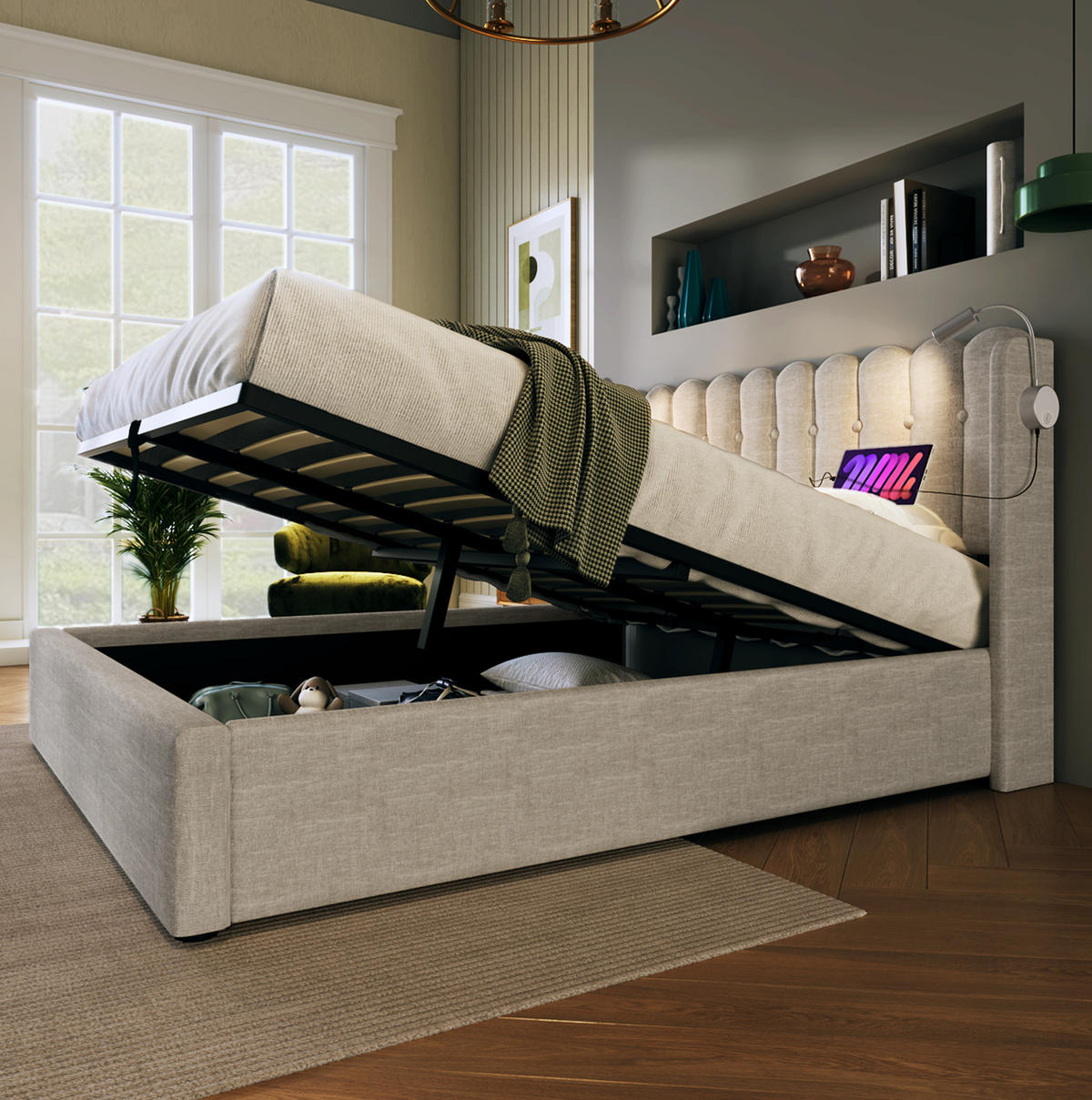 BETT mit Bettkasten, USB und Leselicht 160x200 cm Leinen Natural - Beige, Metall (160/200cm) - Meubliv