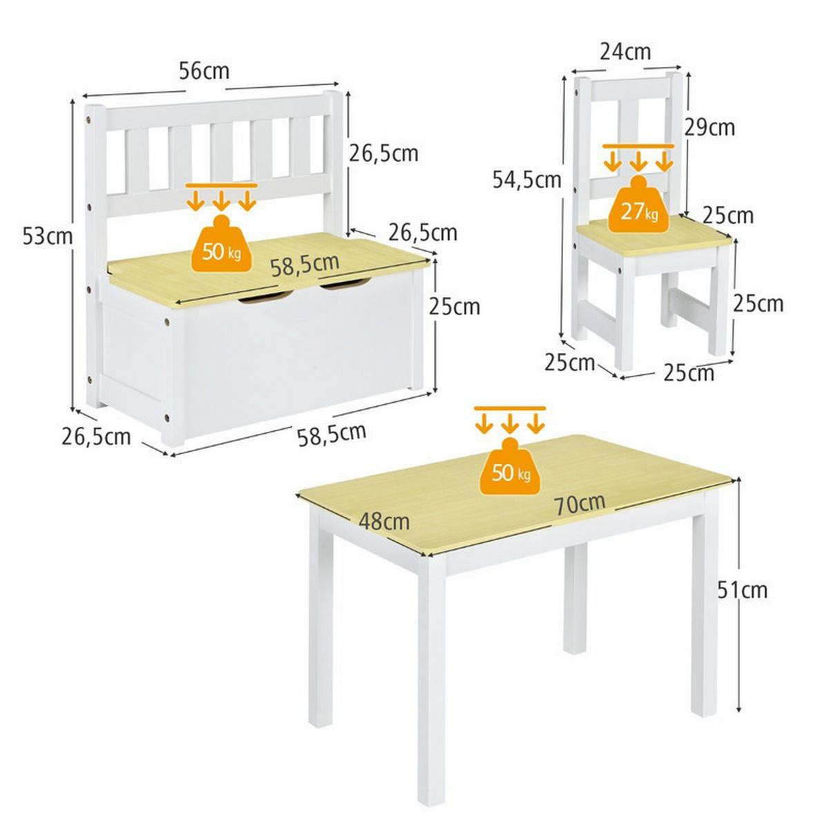 KINDERSITZGRUPPE mit Stauraum natur(4-tlg) - Naturfarben, Holzwerkstoff (70/51/48cm) - COSTWAY