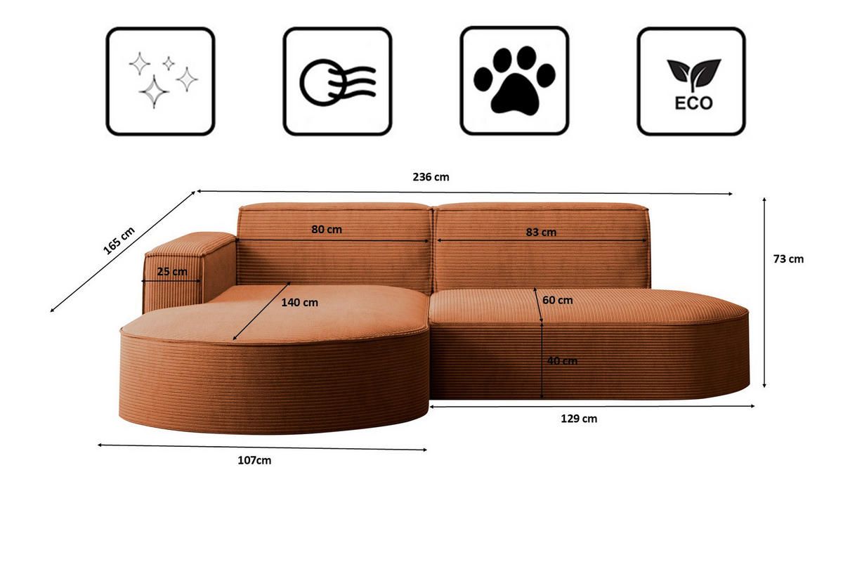 ECKSOFA Designer MODENA STUDIO stoff Dicker cord Poso Ziegel Links - Orange, Holzwerkstoff/Textil (165/236cm) - Kaiser Möbel
