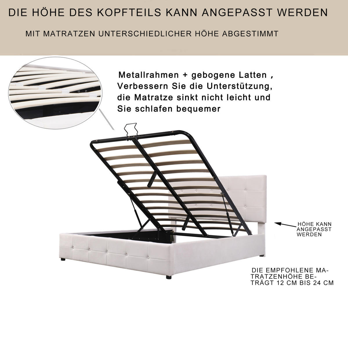 POLSTERBETT 90/200 cm aus MDF und Sperrholz mit Leinenbezug LED-Beleuchtung und Stauraum Beige - Beige, Holzwerkstoff (90/200cm) - Modenvie