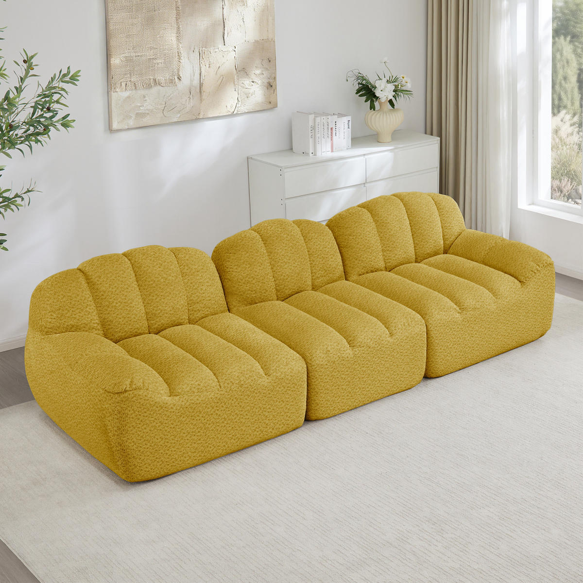 3-SITZER Modulsofa aus Granuliertem Fleece mit boneless Design Gelb - Gelb, Textil (104/79/288cm) - Modenvie