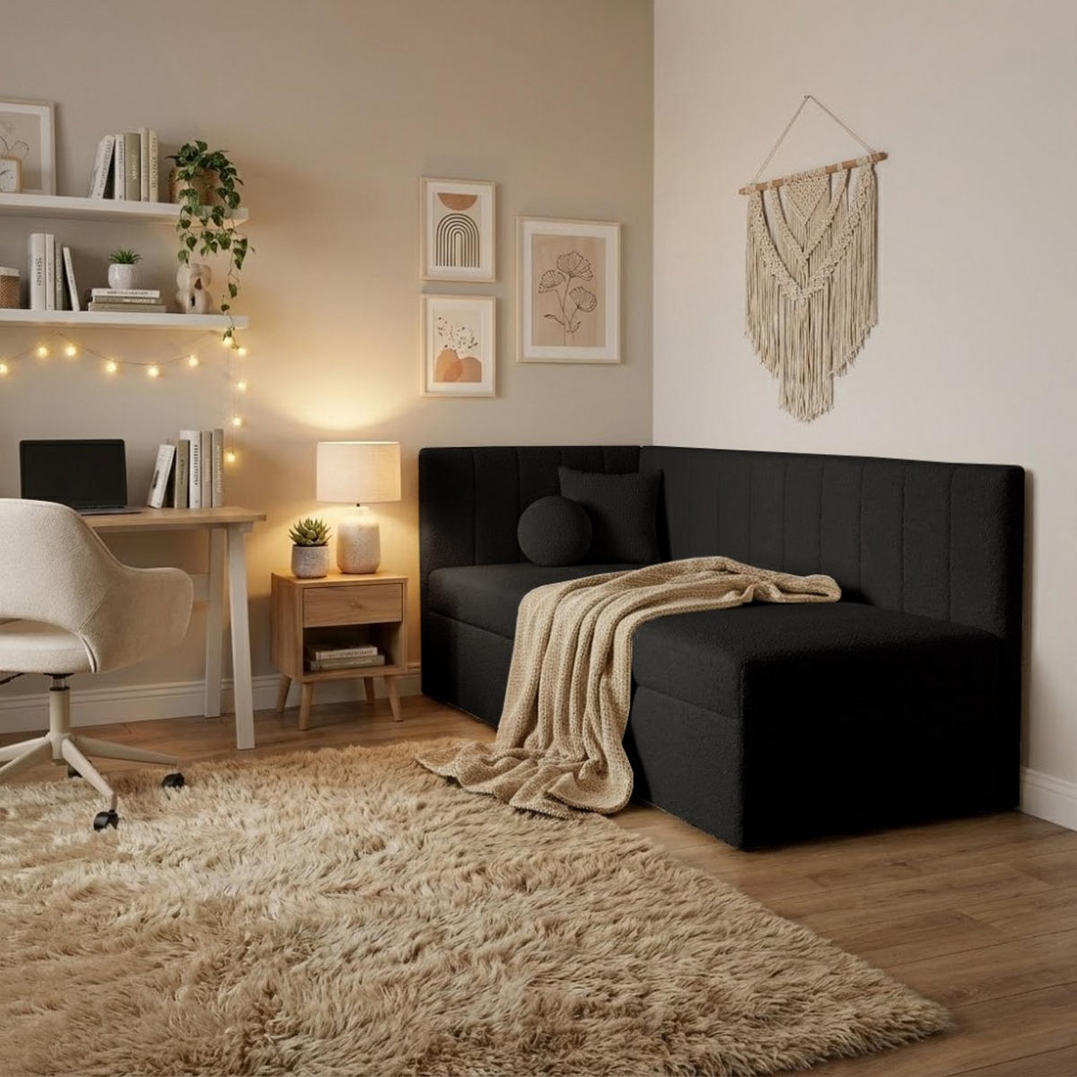 SCHLAFSOFA Rafi, Eckbett mit Bettkasten, 90x200 cm, Schwarz - Schwarz, Textil (209/94/102cm) - Beautysofa