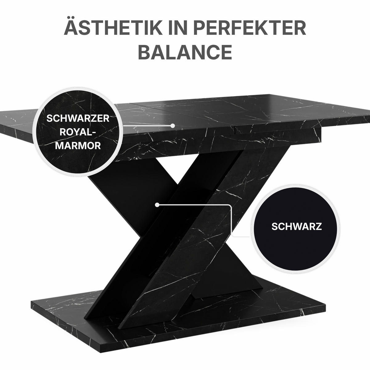 ESSTISCH Ausziehbar von 120 bis 160 cm in Schwarzen Marmor-Optik - Schwarz Hochglanz, Holzwerkstoff (80/160/75cm) - Home Collective