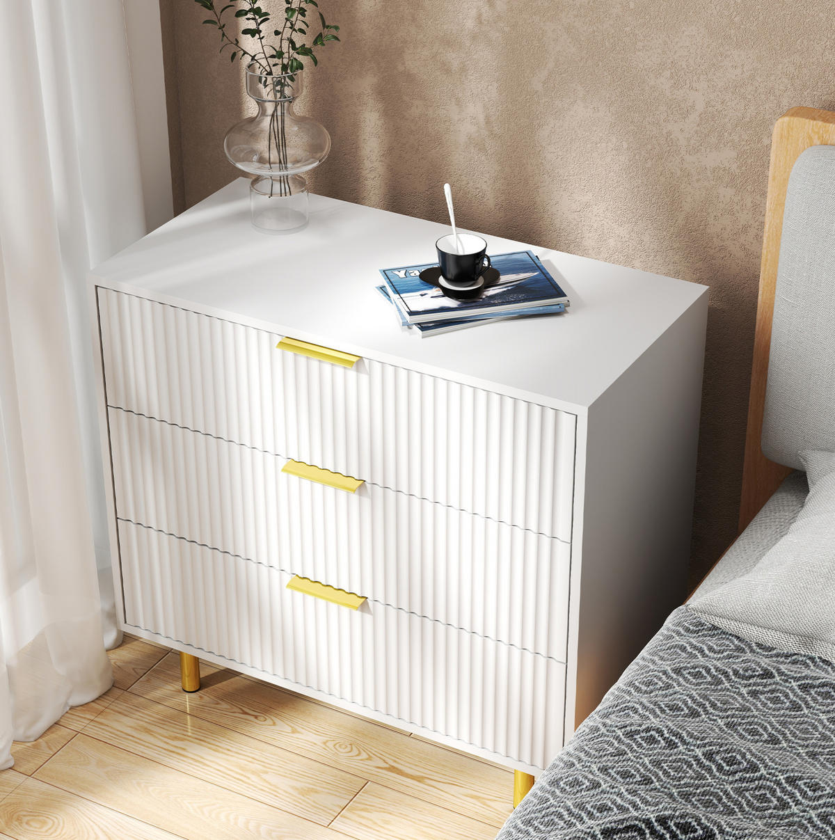 KOMMODE aus MDF 40x80x72 cm Weiß mit 3 Schubladen und goldfarbenen Metallbeinen - Weiß, Holzwerkstoff (80/72/40cm) - Modfu