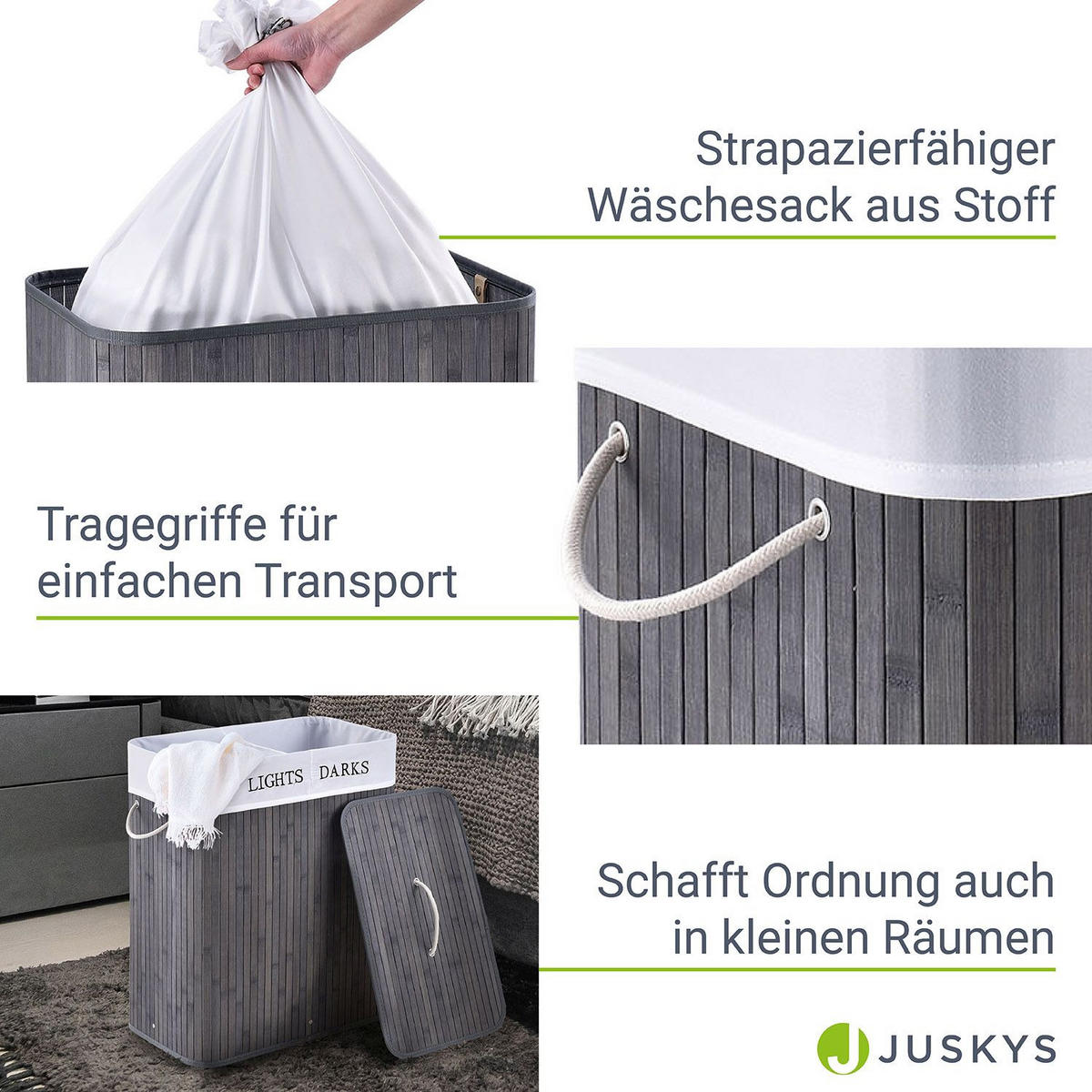 WÄSCHEKORB Curly 100 L grau - Grau, Holz (52/63/32cm) - Juskys