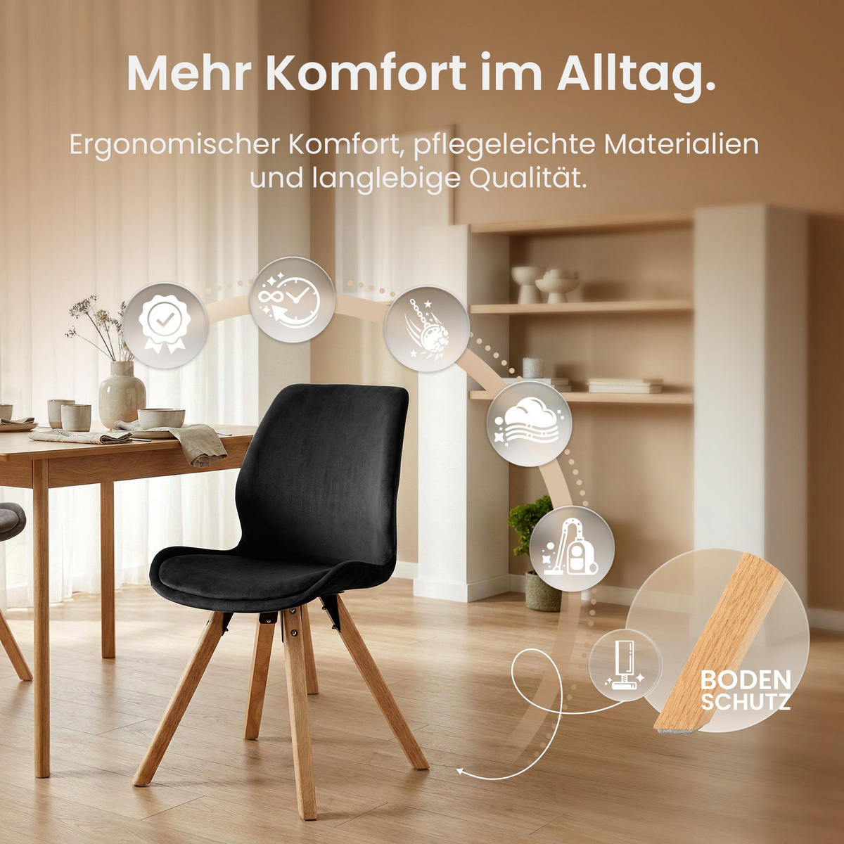 STUHL 2er Set Samt schwarz - Eukalyptusholzfarben/Schwarz, Holz/Textil (49/87/58cm) - CLP