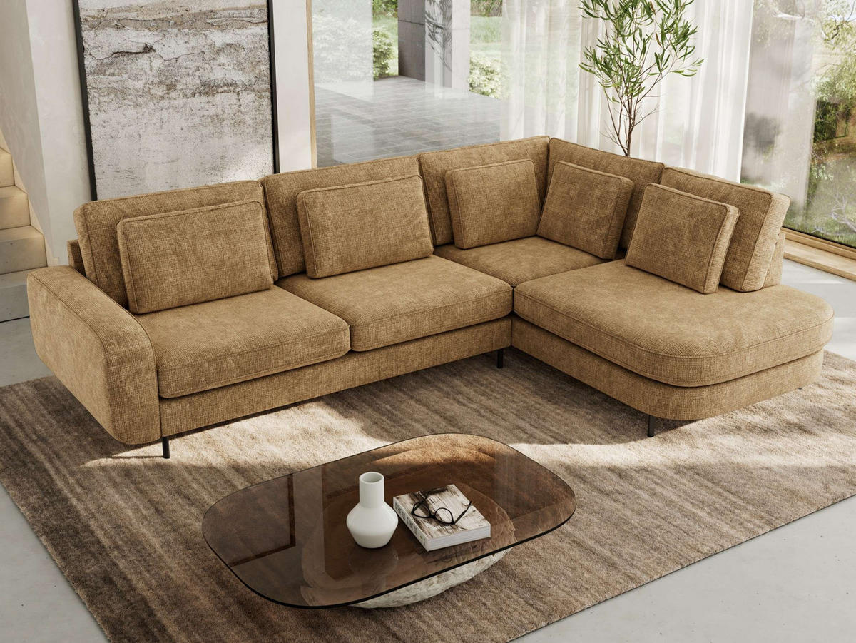 ROHOVÁ SEDAČKA CALENO L - Světle hnědá hladký senil - Levá Strana - černá/světle hnědá, kov/textil (317/225cm) - MKS