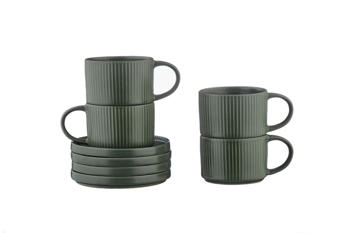 TASSEN Scandi 150ml und Untertasse Ø12cm - 8 Teile - Olive - Grün, Keramik (12/6.5/12cm) - Björn