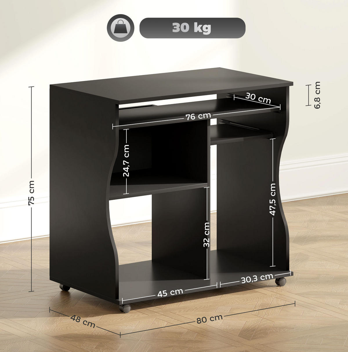 SCHREIBTISCH mit Rollen 80 x 48 x 75 cm Holz Schwarz - Schwarz, Holz (80/48/75cm) - Meubliv