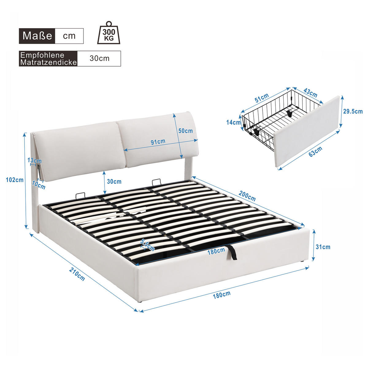 POLSTERBETT 180/200 cm Beige mit hydraulischem Bettkasten und drei Schubladen - Beige, Textil (180/200cm) - OKWISH