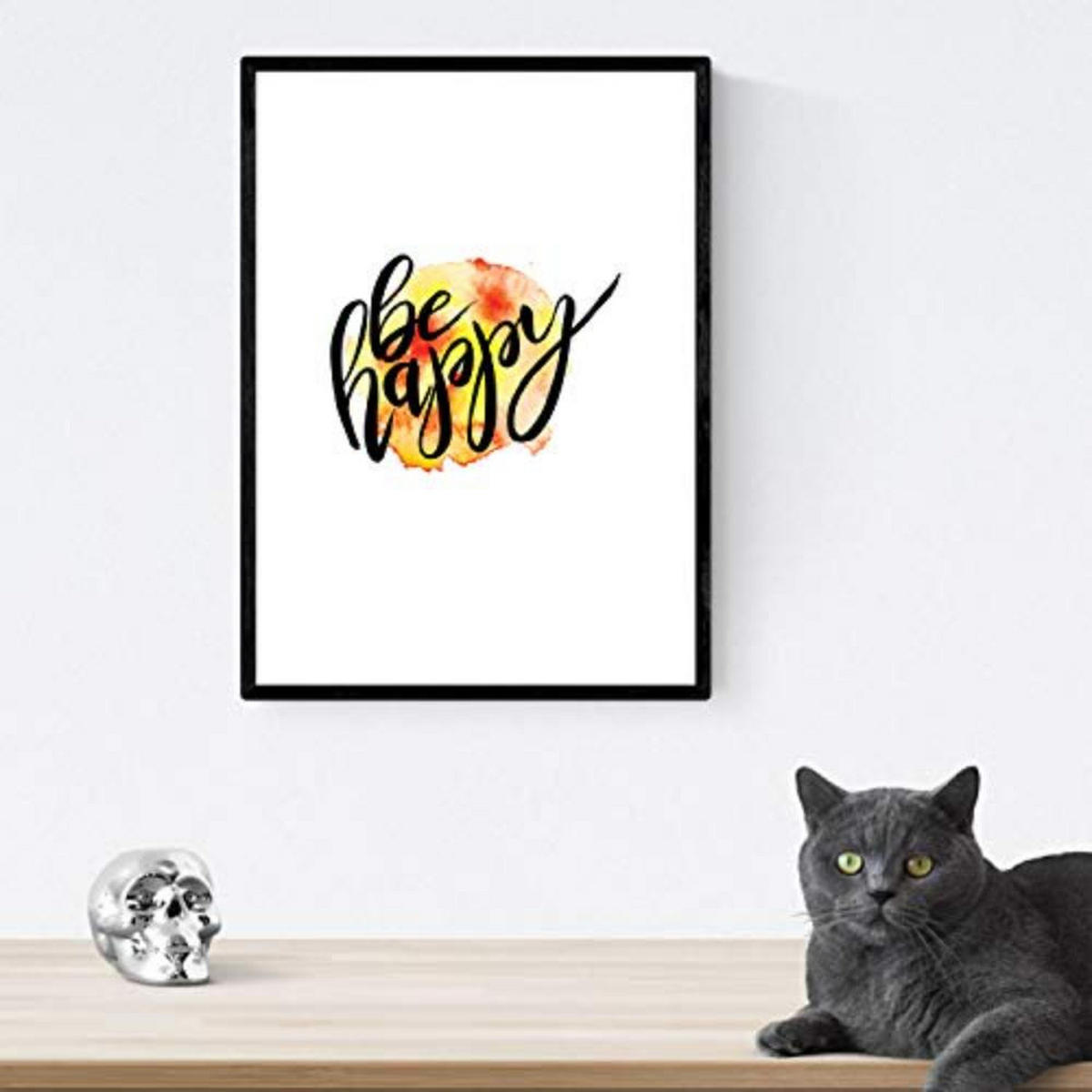 POSTER Set mit 4 glücklich und bunt ‚Happy‘ A3 Schwarzer Rahmen - Schwarz, Papier (29.7/3cm) - Nacnic