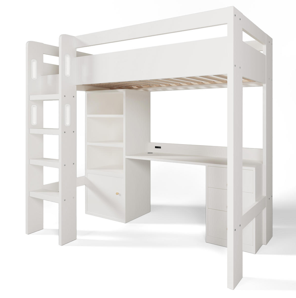 KINDEREINZELBETTEN aus MDF und Spanplatte 90x200 cm in Weiß mit Schreibtisch & USB/Type-C - Weiß, Holzwerkstoff (90/200cm) - Modfu