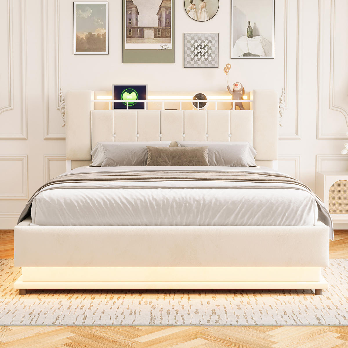 POLSTERBETT 160/200 mit Bettkasten, LED und USB in Beige - Beige, Holzwerkstoff/Textil (160/200cm) - EVRYAE