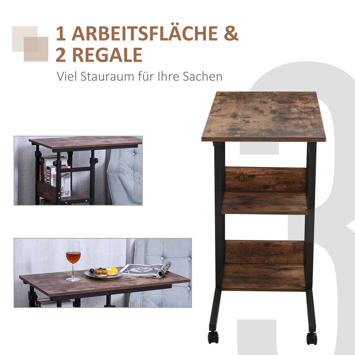BEISTELLTISCH 80/72-82/40 cm Braun aus Metall und Holzwerkstoff mit Rollen - Braun, Metall (80/40/82cm) - OKMYHOME