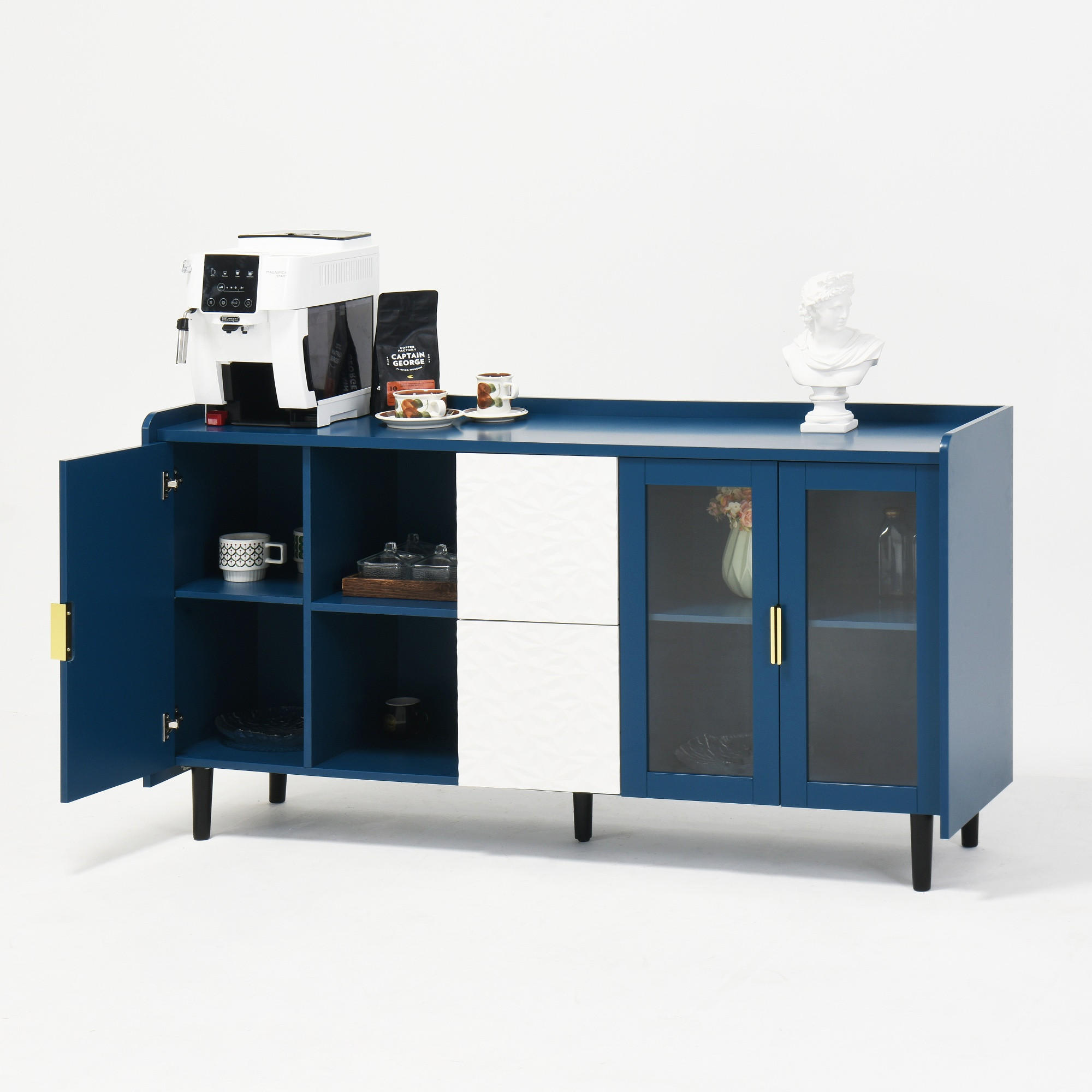 SIDEBOARD mit Glastüren, 2 Schubladen und offenen Fächern, vielseitiger Stauraum, Blau - Blau, Holzwerkstoff (150/80/40cm) - Redom
