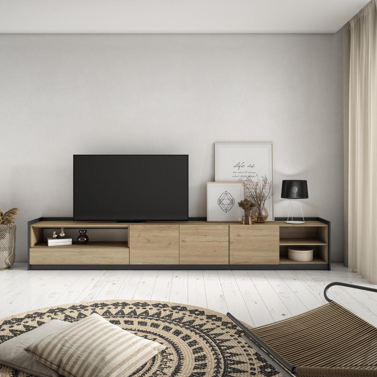 TV-SCHRANK, Lowboard, Eiche Schwarz, 310/37/50cm - Eichefarben, Holzwerkstoff (310/50/37cm) - Skraut Home