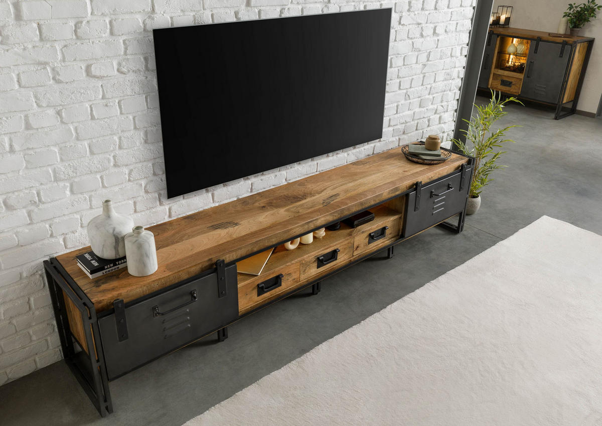 TV-BOARD Mango / Altholz 260x45x55 natur / grau lackiert / Metall grau BLACKBURN LUX #554 - Naturfarben, Holz (260/55/45cm) - Massivmoebel24