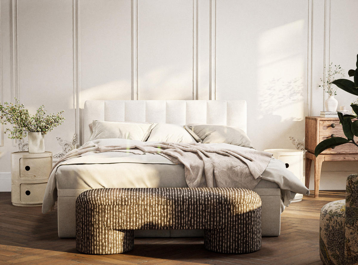 BOXBETT 160/200 cm Lovage S, in Creme, Matratze, gepolstertes Kopfteil, Bettkasten, H3 = fest - Creme/Schwarz, Holz/Holzwerkstoff (160/200cm) - Maison de Reve
