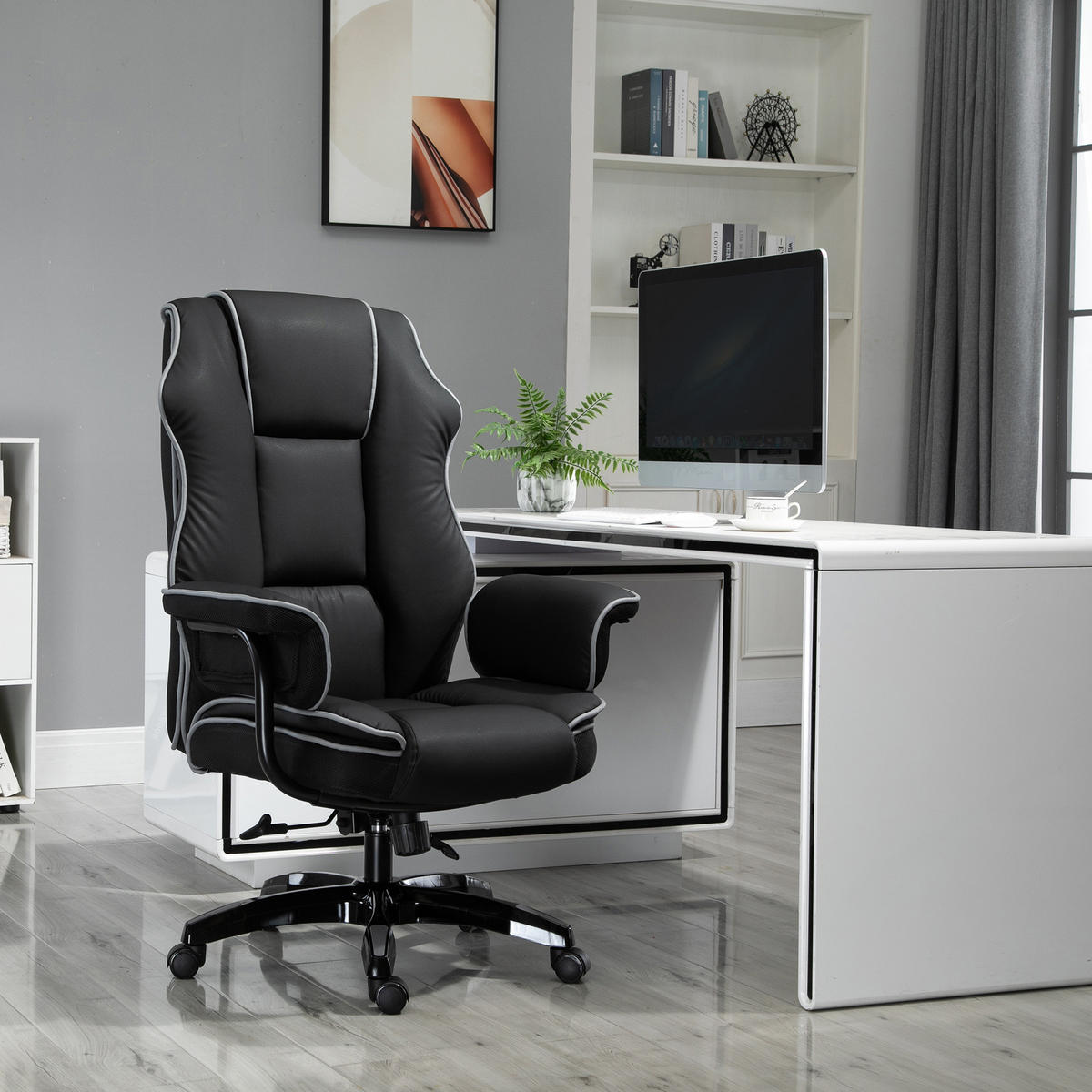 ERGONOMISCHER Bürostuhl, Schwarz - Schwarz, Leder (80/124/76cm) - Vinsetto
