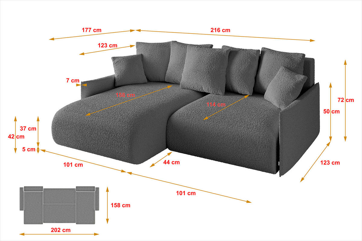 ECKSOFA mit Schlaffunktion und Bettkasten ONESK-L -v1 216x177x72 Grau Bouclé - Platinfarben, Holzwerkstoff/Kunststoff (216/177cm) - ALTDECOR