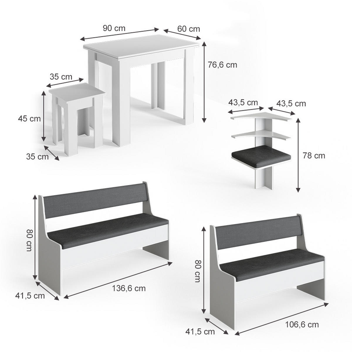 ECKBANKGRUPPE Roman Weiß 180 x 41.5 cm mit Tisch - Anthrazit/Weiß, Holzwerkstoff (180/80/150cm) - Vicco